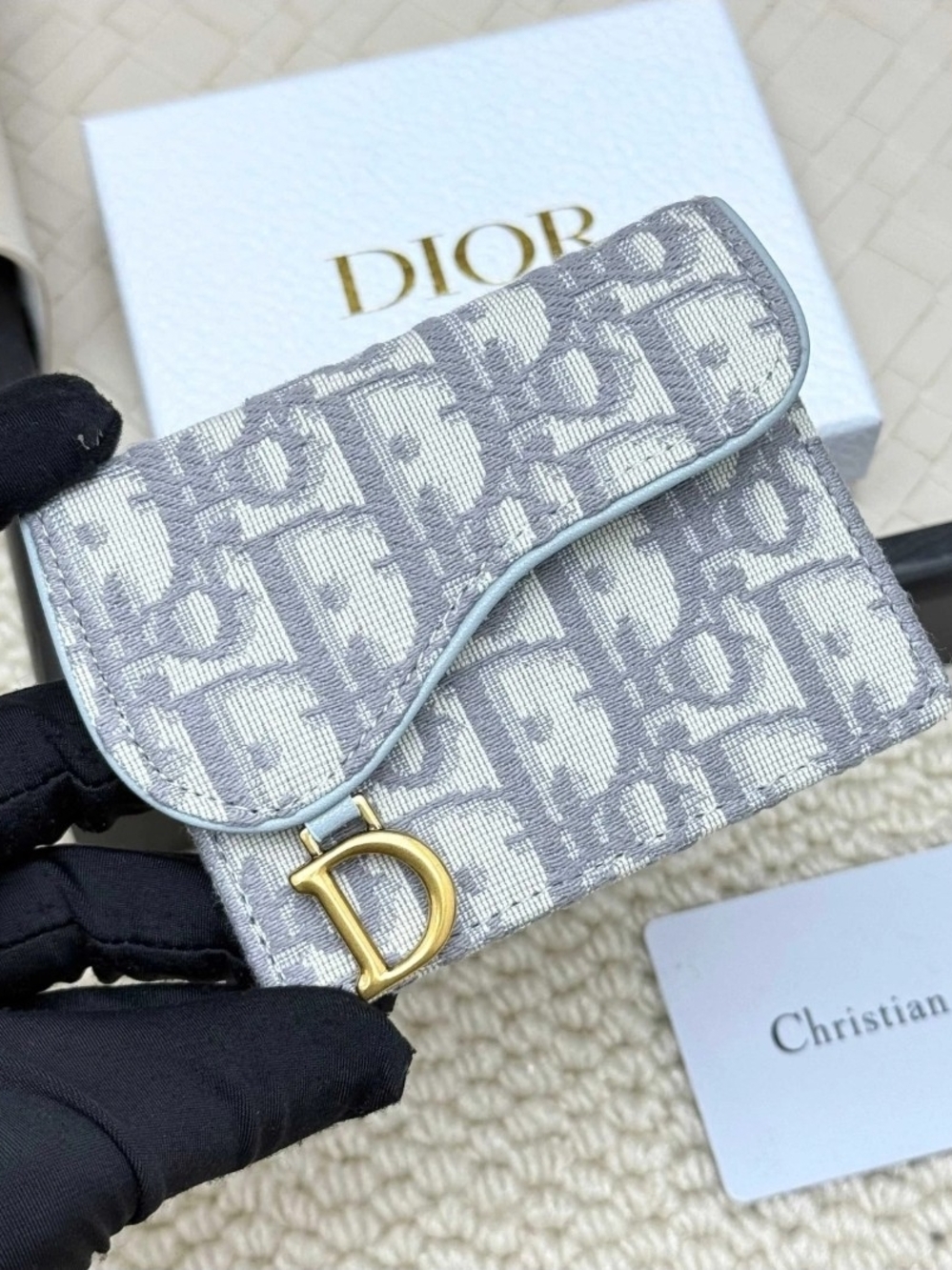 Gray Logo Canvas Flap Wallet with Gold 'D' Accent